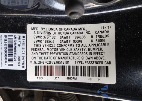 2018 Honda Civic Ex из США, поврежденный, VIN 2HGFC2F79JH516101